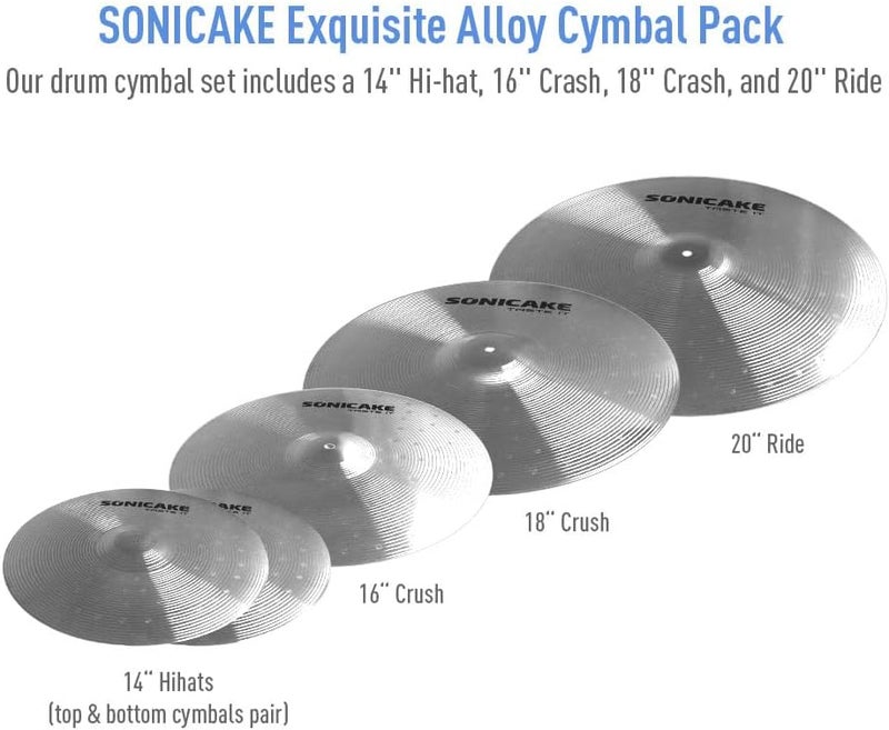 SONICAKE Cymbal Pack Alloy Cymbals Drum Cymbal Set 14"Hi-hats+16"Crash+18"Crash+20"Ride 5 Pieces, Sliver - Image 2